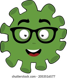 Ilustración de emoticonos vectoriales del personaje de dibujos animados de virus, microbio o bacterias con lentes de nerd