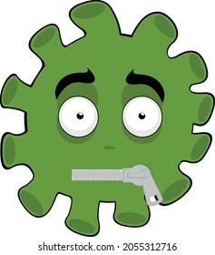 Ilustración vectorial emoticono de un virus, microbio o bacteria, con un cierre en la boca