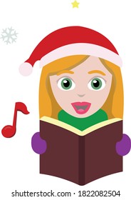 Vector emoticon illustration of a woman singing Christmas carols