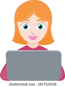 Vector emoticon illustration of a woman working with a laptop