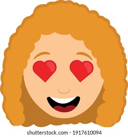 Vector emoticon illustration of a woman's head with red hair and heart-shaped eyes