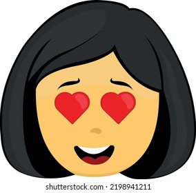Vector emoticon illustration of a yellow cartoon woman face with an expression of love and eyes in the shape of hearts