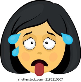Vector emoticon illustration of a yellow exhausted cartoon woman face, with drops of sweat and tongue out svg