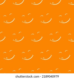 Vector emoticon licking mouth with tongue. Seamless orange pattern. A joyful, contented and well-fed full face. Yummy tasty icon. Delicious foodie yum symbol. 