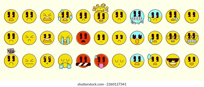 Vector emoticon set. Cartoon retro emoji set with outline. Vintage icons sticker label in retro style. Flat vector illustration. Simple symbols funny cute comic characters. Sad and angry characters