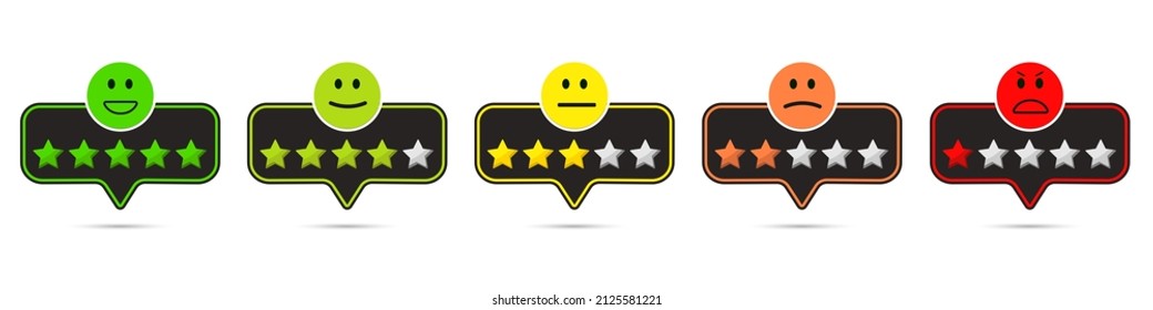 Vector emoticons label for rating survey, customer reviews. Set of moods from angry to happy. Round colored black editable stroke icons. Satisfaction scale, stars excellent, good, normal, bad, awful.