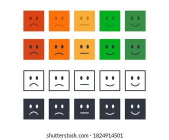 Vector emoticons for rating, poll, customer review. Colored black square icons editable stroke. Set of moods from angry to happy. Satisfied scale, stars dissatisfied, sad, indifferent, glad, satisfied