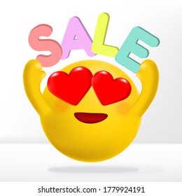 Vector Emotion Cartoon with Heart Shape Eyes Raising Sale Alphabets. Graphic Element for Sale Announcement.