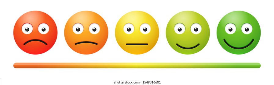 Vector emotion feedback scale on white background. Angry, sad, neutral and happy emoticon set. Red, orange, yellow and green funny cartoon Emoji icon. 3D illustration