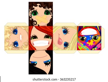 vector Emotion Paper cube SCHEME. PRINT and CRAFT. Children games and Decoration. Papercraft. Fun Toy. Printable. Emotions Expressions - Six girl's faces on expanded layout that can be folded into a 3D cube.