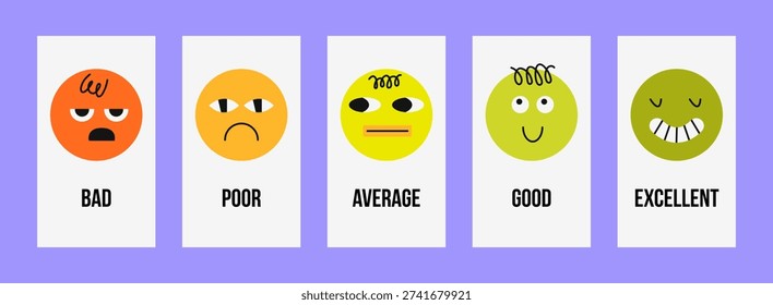 Vector emotion rating scale  cards with abstract face characters ranging from bad to excellent.  Ideal for customer satisfaction surveys, UX rating systems, education materials and psychology projects.