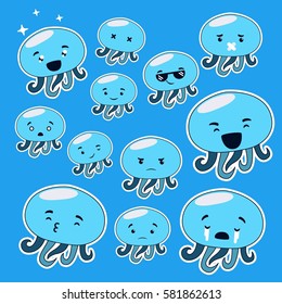 Vector emotion set of isolated cute jellyfish