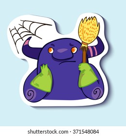 Vector emotion sticker with cleaning cute monster on blue background. It's time to claen a flat, appartment, house. Clean a room. Clean a house.