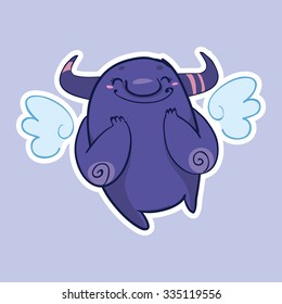 Vector emotion sticker with cute angel monster on purple background. Very happy monster with angel wings.