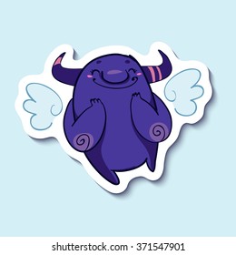 Vector emotion sticker with cute angel monster on blue background. Very happy monster with angel wings. Angel character.