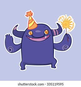 Vector emotion sticker with cute cheerful monster on purple background. Monster and a sparkler. Little monster and a party hat.