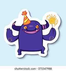 Vector emotion sticker with cute cheerful monster on blue background. Monster and a sparkler. Little monster and a party hat. Let's have a party.