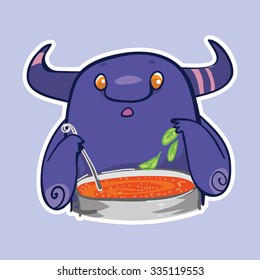 Vector emotion sticker with cute cooking monster on purple background. Monster cooks dinner, monster cooks soup.