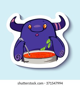 Vector emotion sticker with cute cooking monster on blue background. Monster cooks dinner, monster cooks soup. Cooking. Let's make a soup.