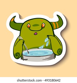 Vector emotion sticker with cute cooking monster on yellow background. Monster cooks dinner, monster cooks soup. Cooking. Let's make a soup.