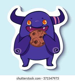 Vector emotion sticker with cute eating monster on blue background. Monster eats a big yammy cookie. Breakfast. Have a meal. svg