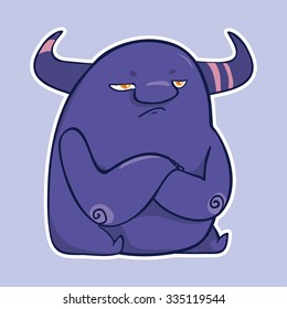 Vector emotion sticker with cute grudged monster on purple background. Unhappy monster. 