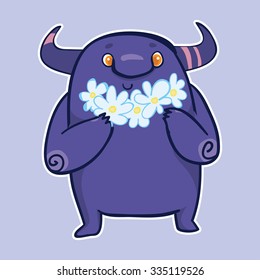 Vector emotion sticker with cute monster with flowers on purple background. Monster presents blue flowers.