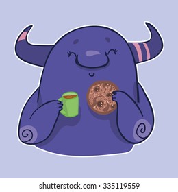 Vector emotion sticker with cute monster on purple background with tea and coffee. Good morning monster.