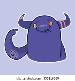Vector emotion sticker with cute monster on purple background. Are you fool, puzzeled look.