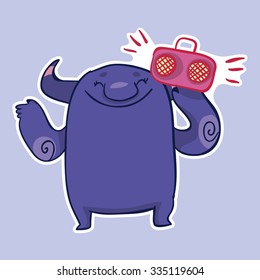 Vector emotion sticker with cute monster listening to music on purple background. Happy musician monster.