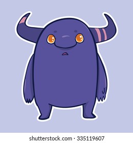 Vector emotion sticker with cute monster on purple background. Normal cute monster with hornes.