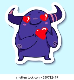 Vector emotion sticker with cute monster fall in love on blue background. Love and heart. St Valentine's Day monster. Monster with big heart eyes.