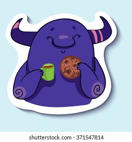 Vector emotion sticker with cute monster on blue background with tea and coffee. Good morning monster. Eat well.  Enjoy your meal!