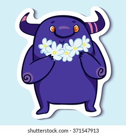 Vector emotion sticker with cute monster with flowers on blue background. Monster presents blue flowers. Take a flower.