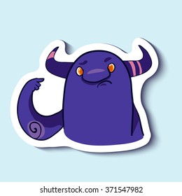 Vector emotion sticker with cute monster on blue background. Are you fool, puzzeled look. You're fool.