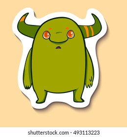 Vector emotion sticker with cute monster on yellow background. Normal cute monster with horns.  Cute alien