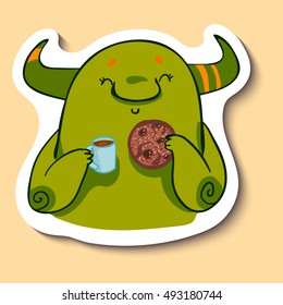 Vector emotion sticker with cute monster on yellow background with tea and coffee. Good morning monster.