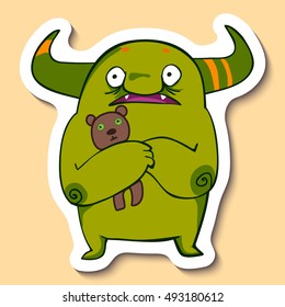 Vector emotion sticker with cute scared monster on yellow background. Scared monster with sweet bear toy.