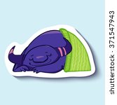 Vector emotion sticker with cute sleeping monster on blue background. Sleeping purple monster with green blanket. Sweet dreams. Good night.