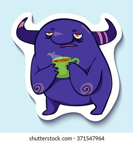 Vector Emotion Sticker With Cute Tired Monster On Blue Background.Tired Monster Emotion  With Cup Of Tea. Bad Day.