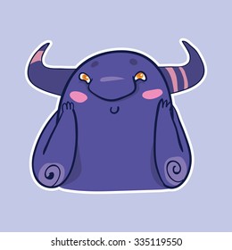 Vector emotion sticker with embarassement cute monster on purple background. Embarassed monster with pihk cheeks.
