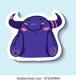 Vector emotion sticker with embarassement cute monster on blue background. Embarassed monster with pink cheeks. You're embarassing me!