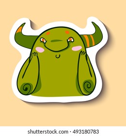 Vector emotion sticker with embarrassment cute monster on yellow background. Embarassed monster with pink cheeks. You're embarassing me!