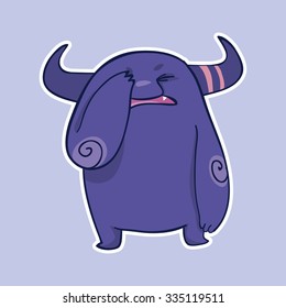 Vector emotion sticker with facepalm cute monster on purple background. Indignation emotion of monster.