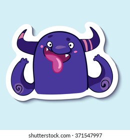 Vector emotion sticker with fooling monster on blue background. Cutting up monster. April fools day. Fool.