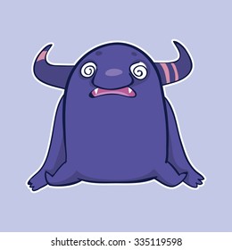 Vector emotion sticker with hypnotized monster on purple background. Cute hypnotized creature.