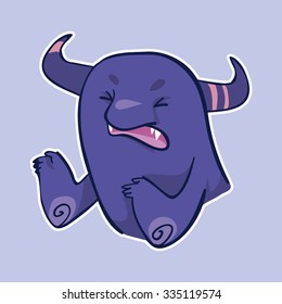 Vector emotion sticker with irritated monster on purple background. This creature is very irritated.