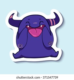 Vector emotion sticker with joking and laughing cute monster on blue background. Cute creature with a big tongue. Laughing out of a loud. LOL.