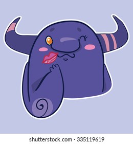 Vector emotion sticker with kissing cute monster on purple background. Kiss the purple monster.