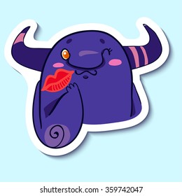Vector emotion sticker with kissing cute monster on blue background. Kiss the purple monster. Big red lips.